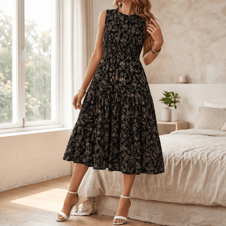 Florenza™ – Smocked Floral Midi Dress Black Floral / S