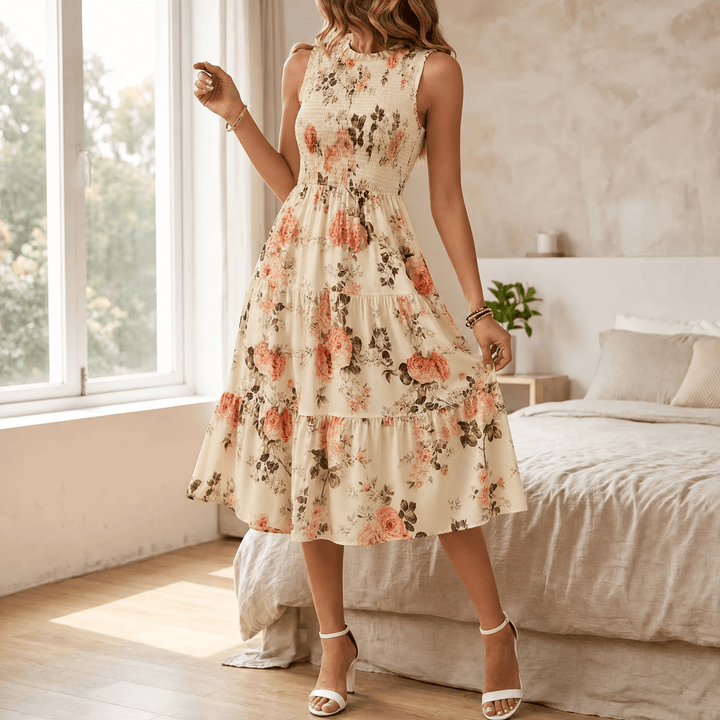 Florenza™ – Smocked Floral Midi Dress Cream Peach Rose / S