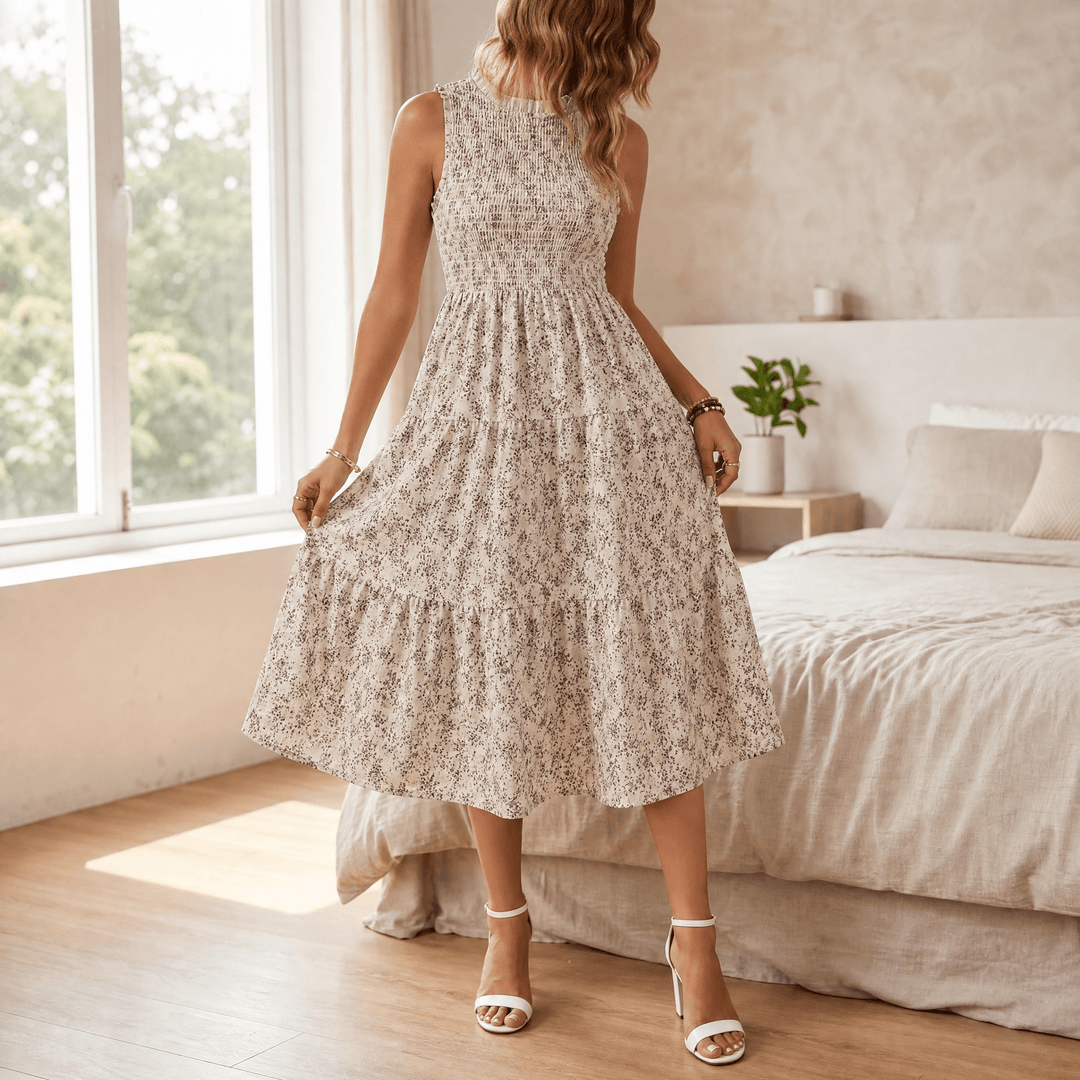 Florenza™ – Smocked Floral Midi Dress Ivory Mauve / S