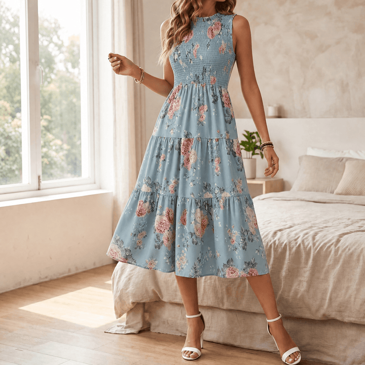 Florenza™ – Smocked Floral Midi Dress Powder Blue / S