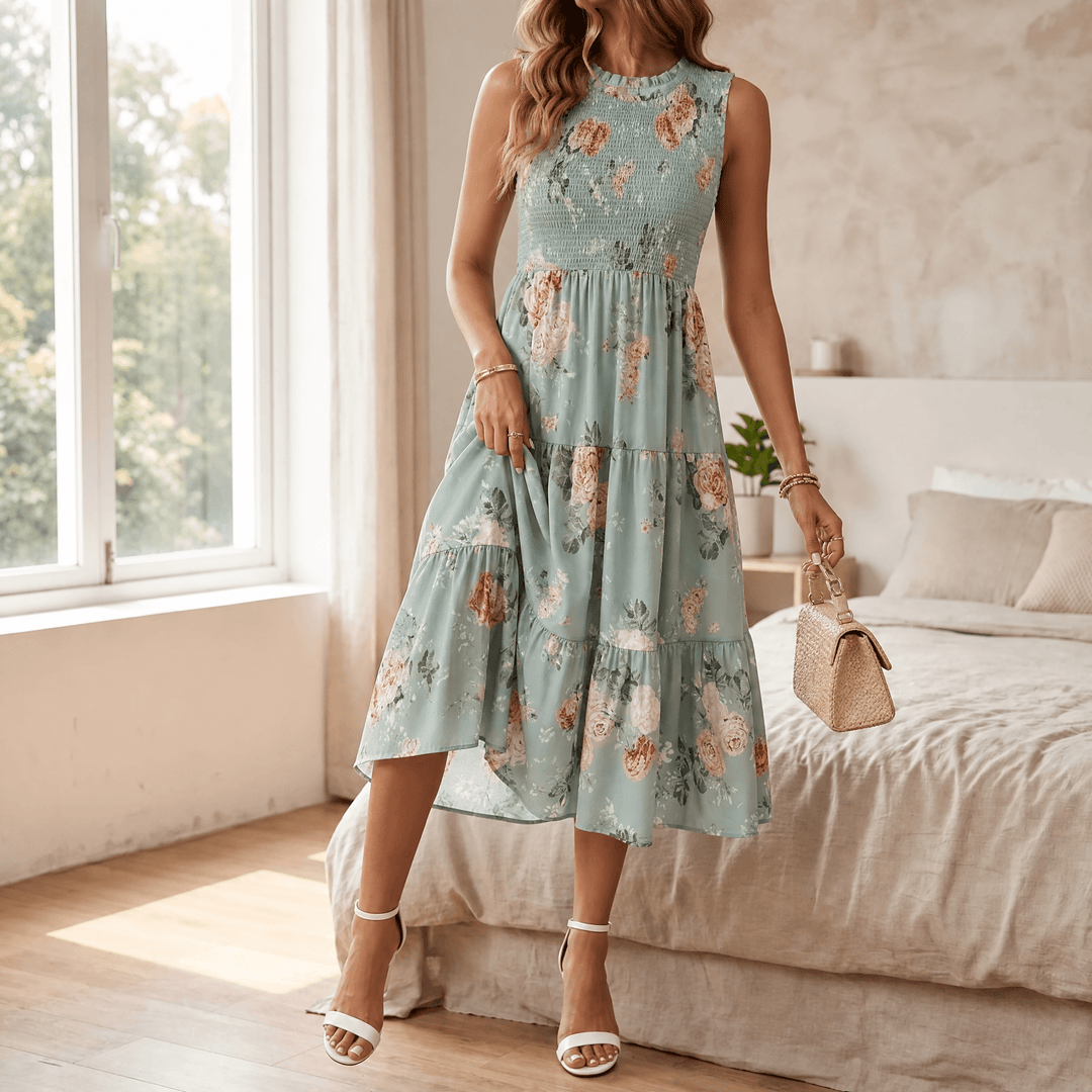 Florenza™ – Smocked Floral Midi Dress Sage Green / S