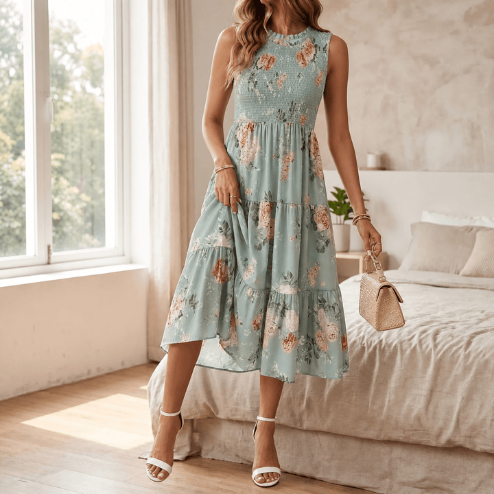 Florenza™ – Smocked Floral Midi Dress Sage Green / S