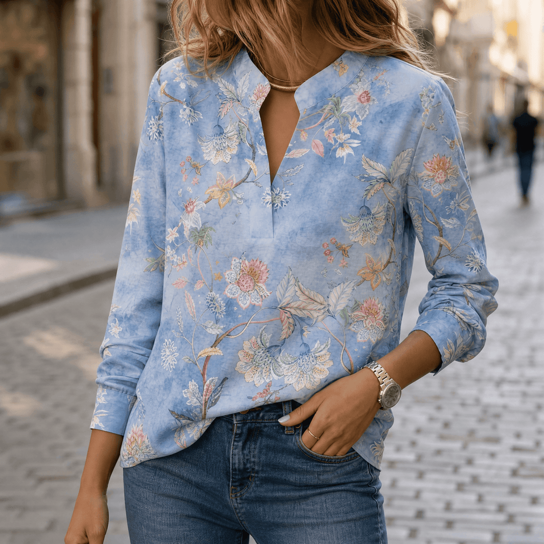 Florenza™ – Watercolor Floral V-Neck Blouse Dusty Blue / S