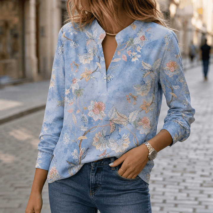 Florenza™ – Watercolor Floral V-Neck Blouse Dusty Blue / S
