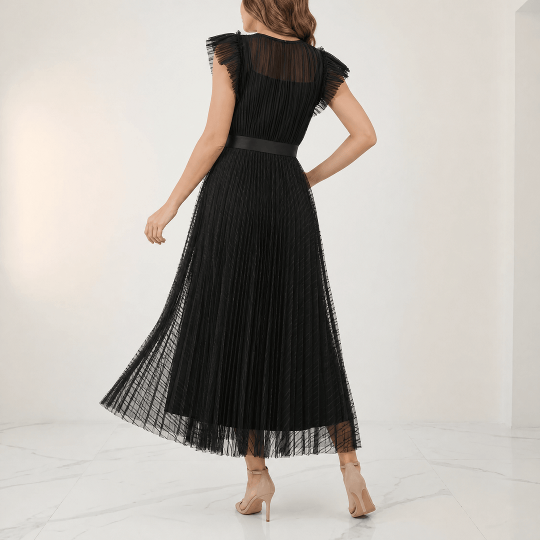 Floressa™ Elegant Flutter Sleeve Midi Dress Black / S