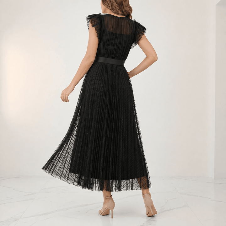 Floressa™ Elegant Flutter Sleeve Midi Dress Black / S