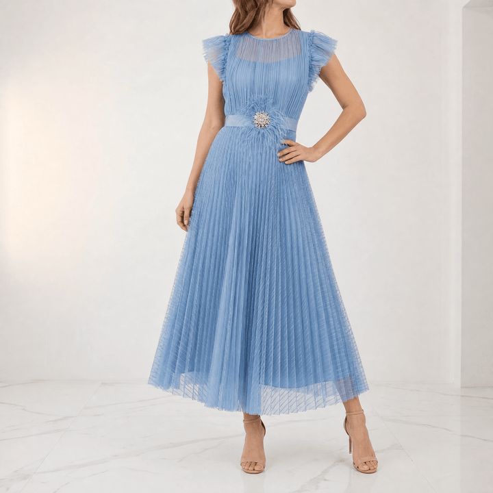 Floressa™ Elegant Flutter Sleeve Midi Dress Blue / S