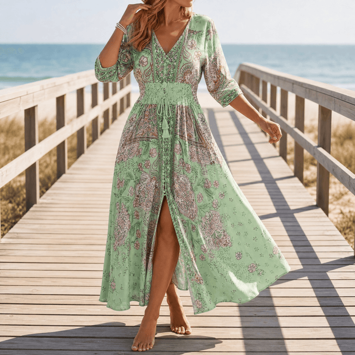 Floressa™ Flowy Floral V Neck Maxi Dress Green / S