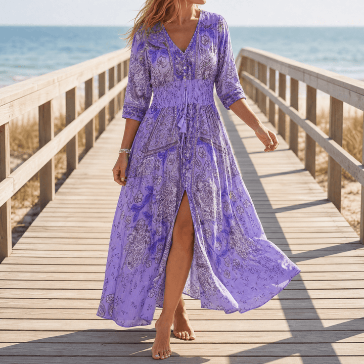 Floressa™ Flowy Floral V Neck Maxi Dress Purple / S