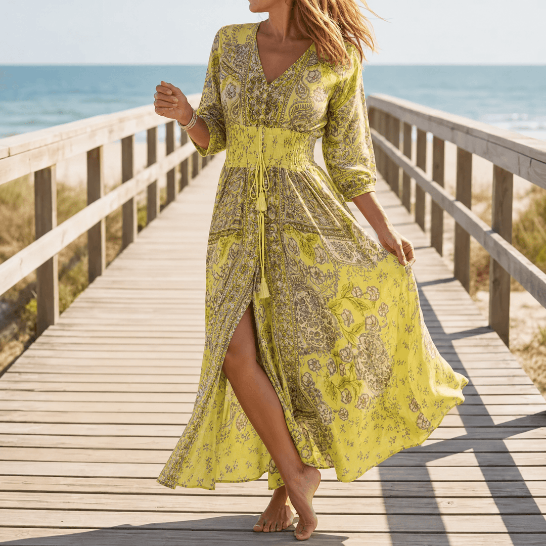 Floressa™ Flowy Floral V Neck Maxi Dress Yellow / S