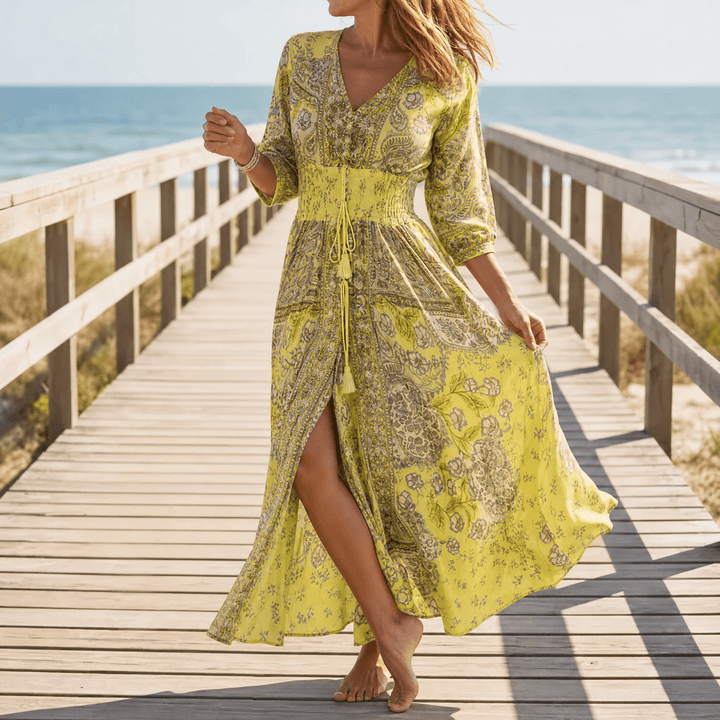 Floressa™ Flowy Floral V Neck Maxi Dress Yellow / S