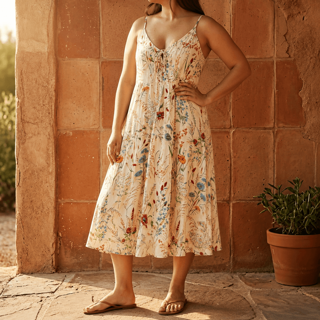Floressa™ – Wildflower A Line Midi Sundress Apricot Wildflower / S