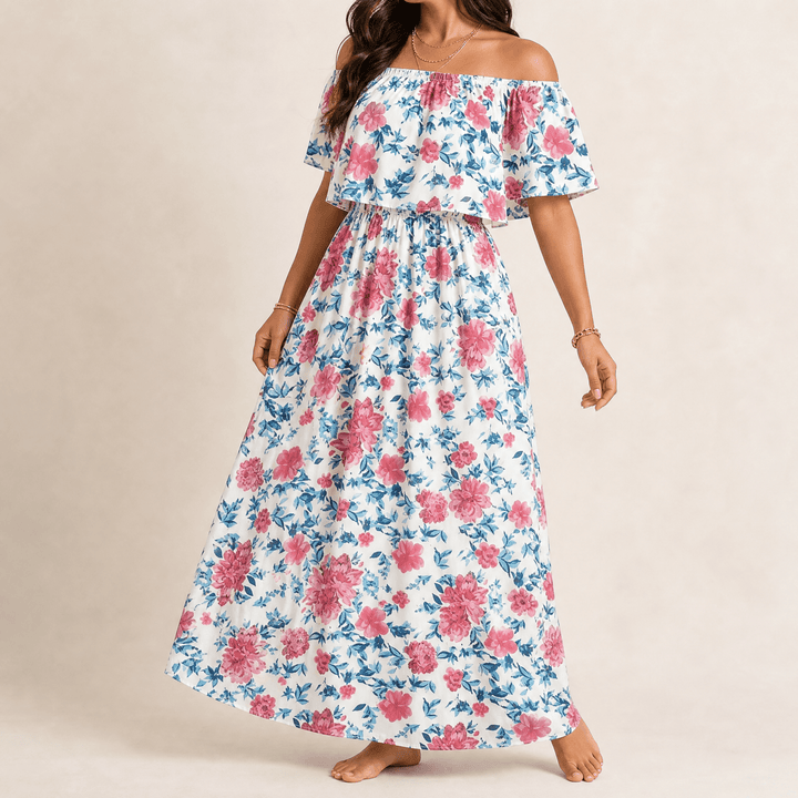 Florevia™ – Off-Shoulder Floral Maxi Dress with Hidden Pockets Pink / S