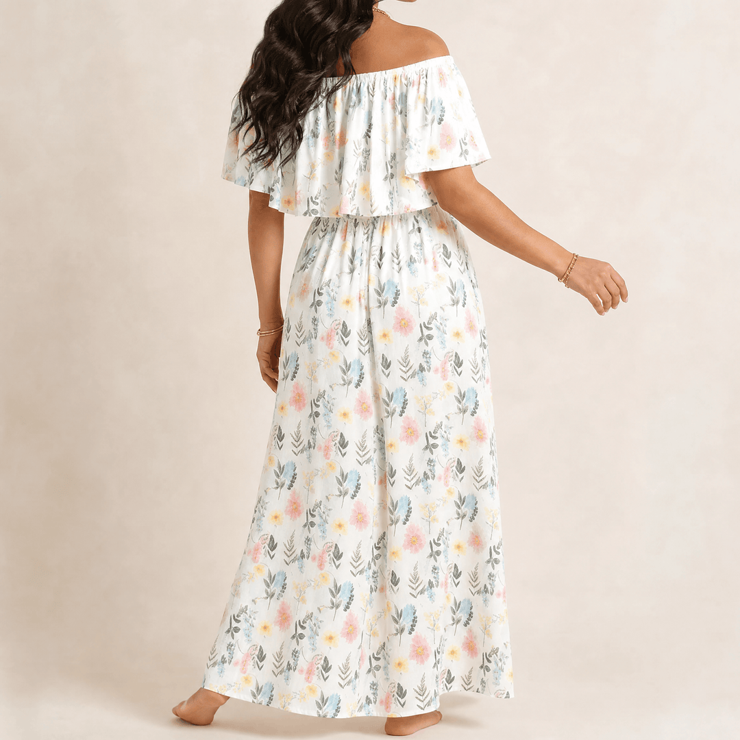 Florevia™ – Off-Shoulder Floral Maxi Dress with Hidden Pockets White / S
