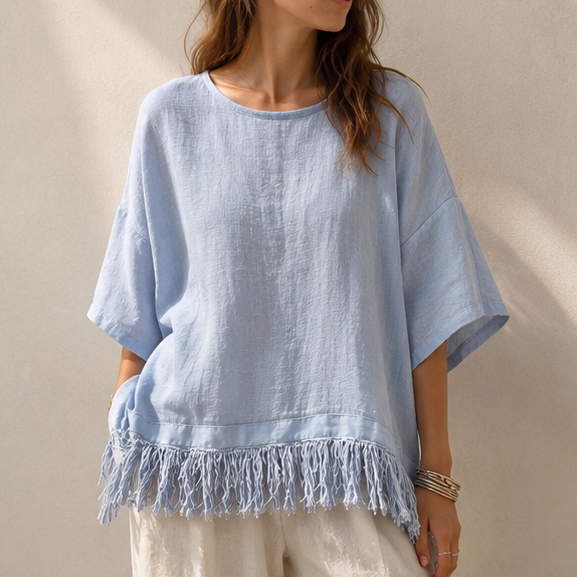 Wovelle – Fringed Hem Boxy Drop-Shoulder Blouse
