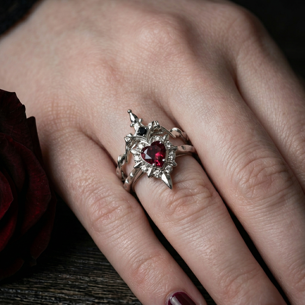 Noctelle™ Pierced Heart Ring Set with Garnet Stone