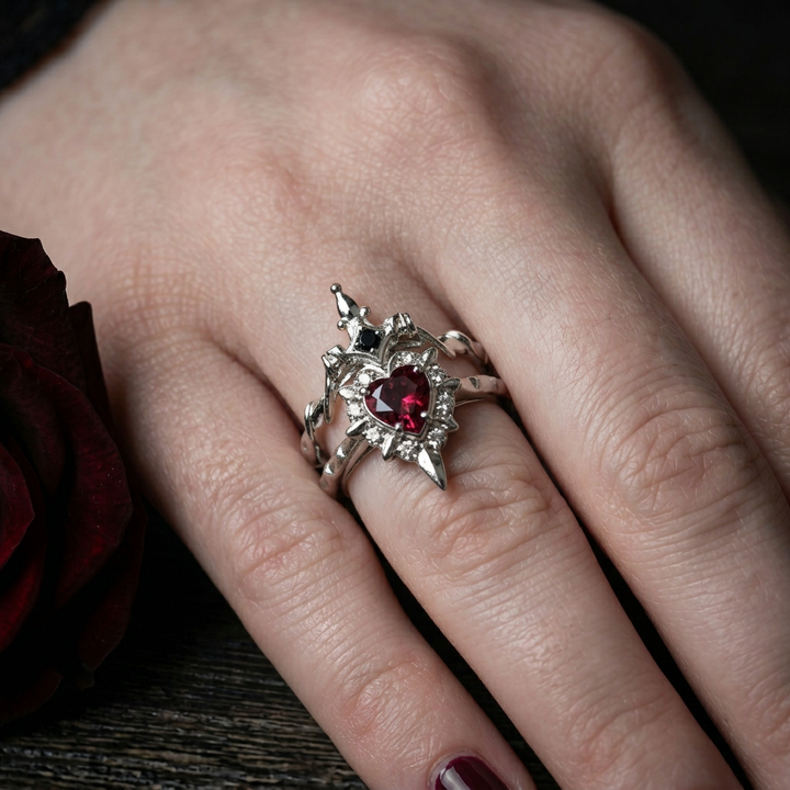 Noctelle™ Pierced Heart Ring Set with Garnet Stone
