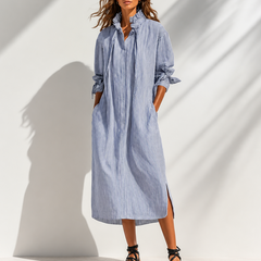 Verlyn – Striped Midi Dress That Reads Slim, Not Wide