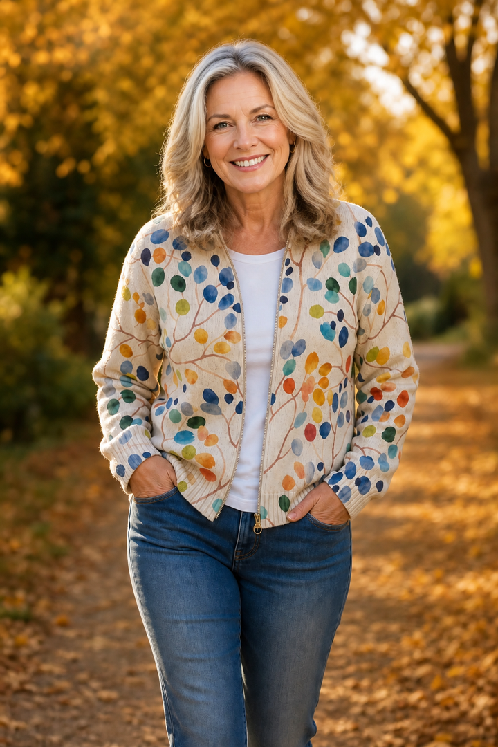 Threezip – Botanical Print Zip-Up Bomber Cardigan