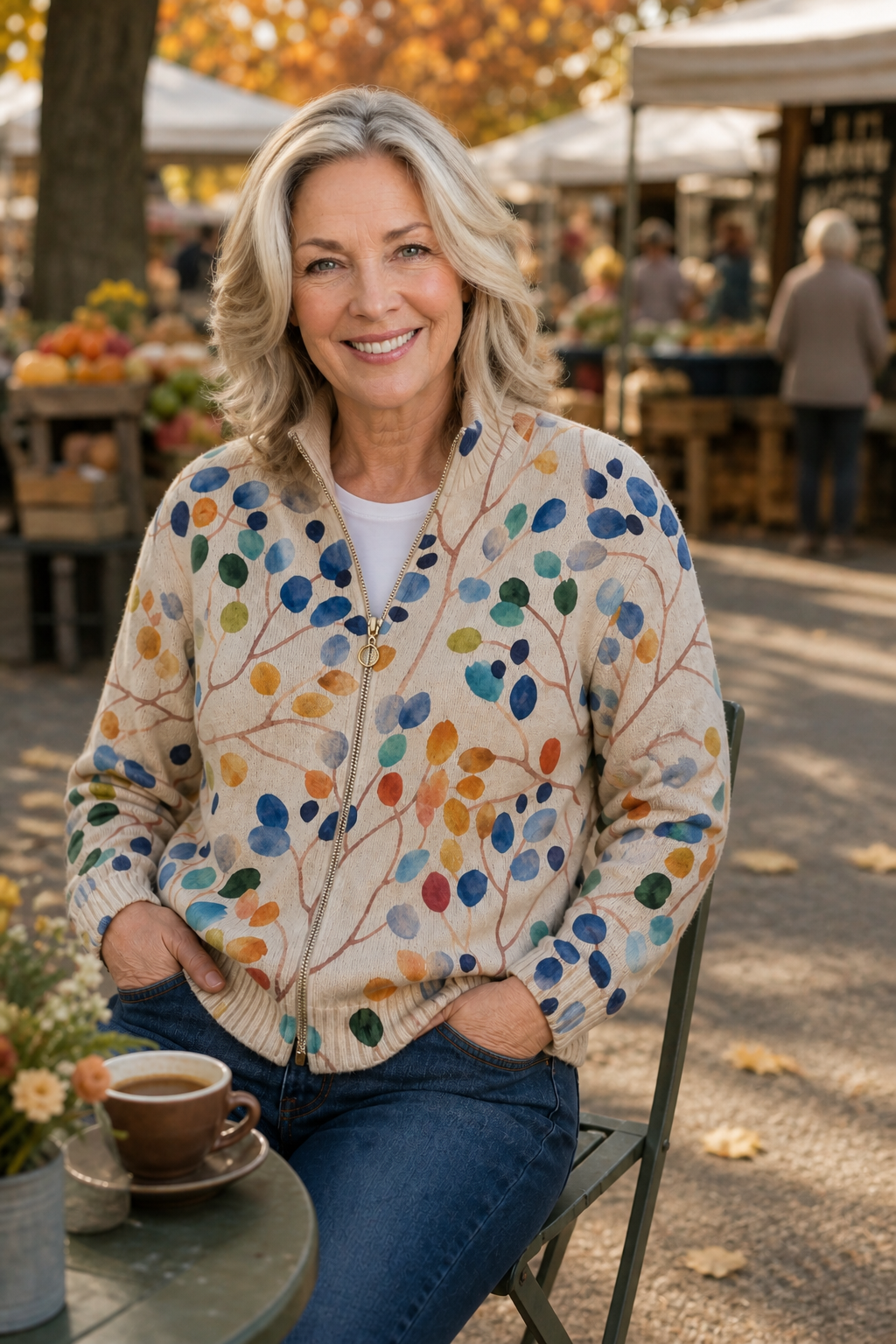 Threezip – Botanical Print Zip-Up Bomber Cardigan