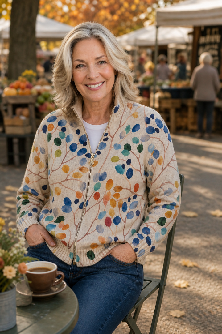 Threezip – Botanical Print Zip-Up Bomber Cardigan