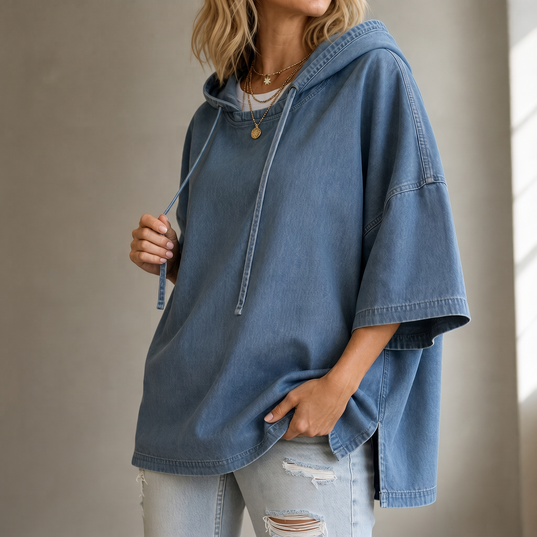 Wearbella – Oversized Washed Denim Hooded Pullover