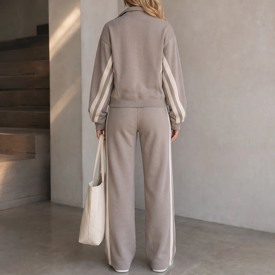 Stride & Set – Cream-Striped Sporty Two-Piece Set