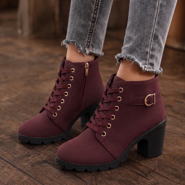 Buckle & Bold – Buckle Lace-Up Chunky Heel Ankle Boots