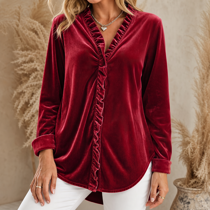 Rufflet – Ruffled V-Neck Velvet Blouse