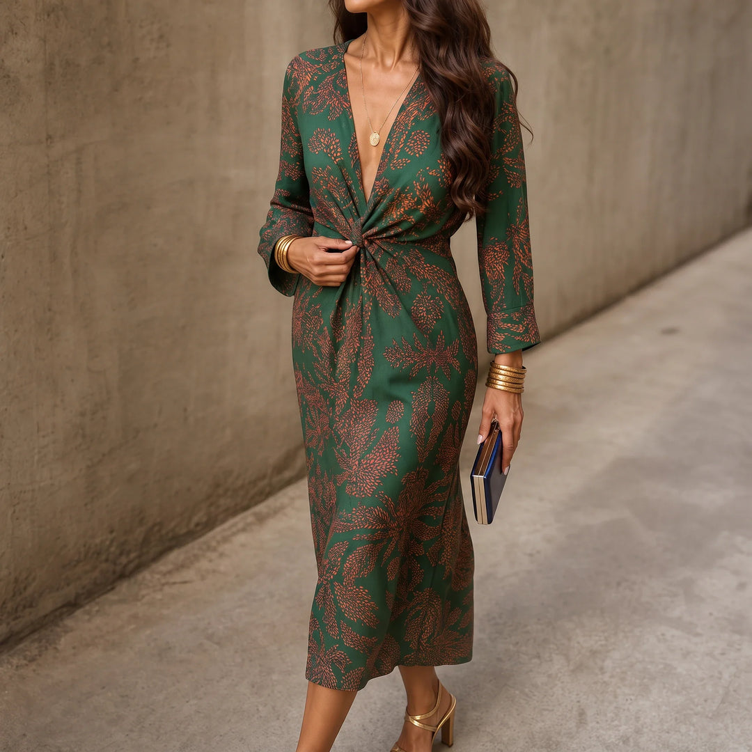 Isabella – V-Neck Fitted-Waist Printed Midi Dress