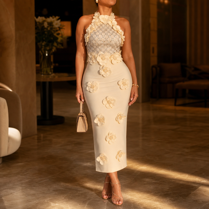 Fioretta – Floral Appliqué Sequin-Bodice Halter Maxi Dress