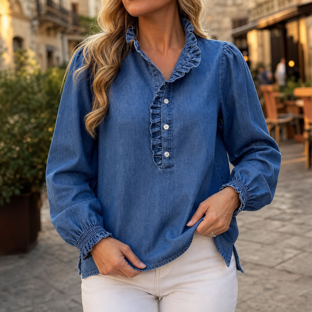 Ruffle & Row – Ruffle Collar Puff-Sleeve Denim Top