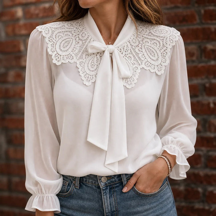 Vintelle – Lace Collar Tie-Neck Chiffon Blouse
