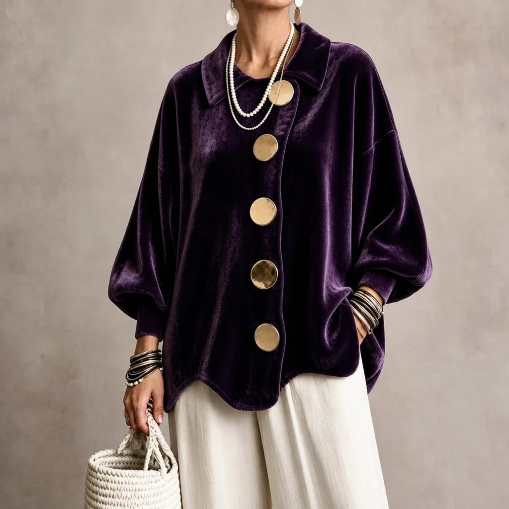 Velvara – Gold Button Velvet-Look Blouse