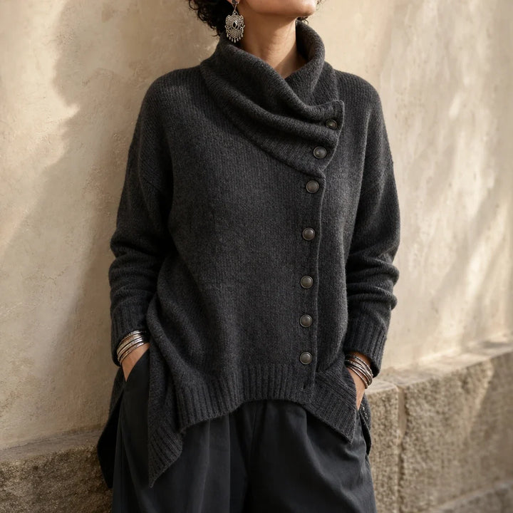 Velora – Asymmetric Draped High-Collar Knit Pullover