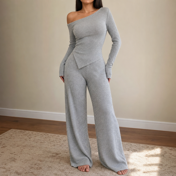 Wearbella – Off-Shoulder Ribbed Knit Top And Wide-Leg Pants Set