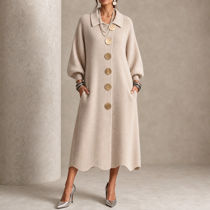 Vivelyn – Gold Button Ribbed Lantern Sleeve Maxi Dress