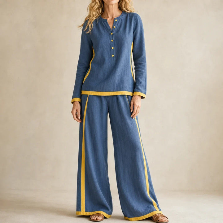 Modaform – Color-Block Long-Sleeve Top And Wide-Leg Pants Set