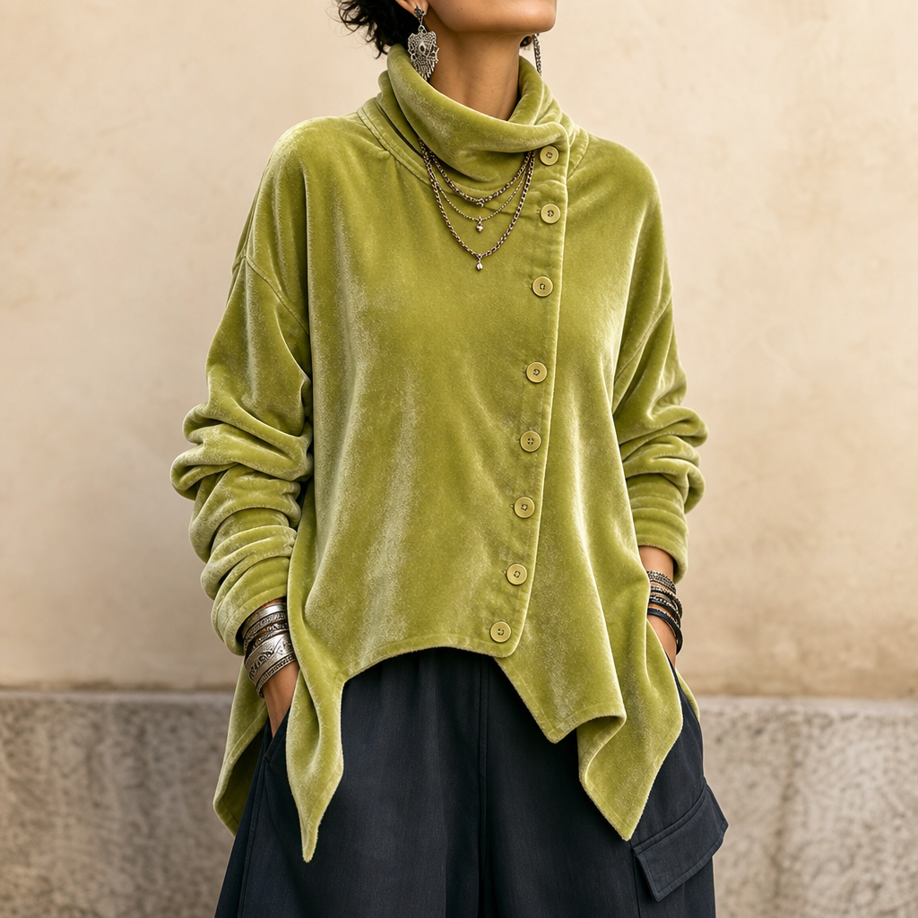Velvara – Asymmetric Button Velvet Turtleneck Top