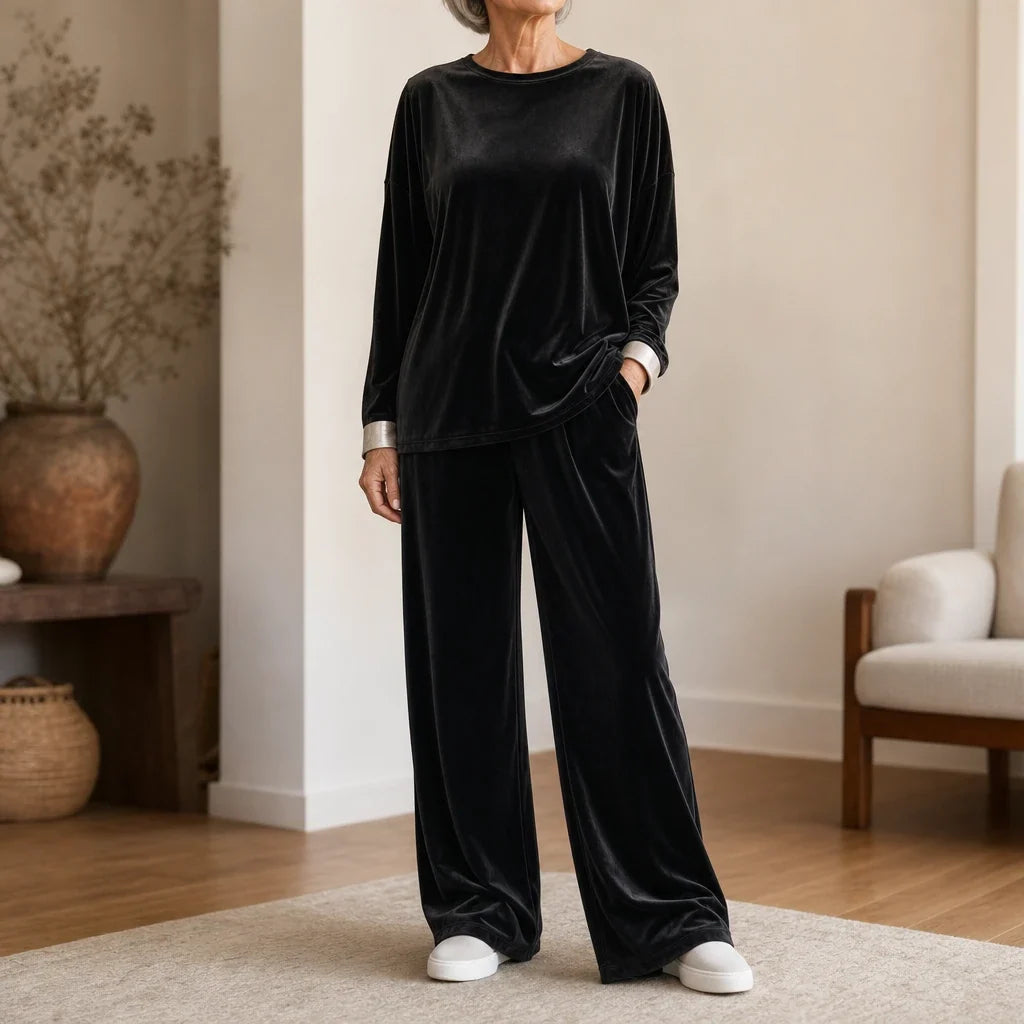 Veloura – Velvet-Look Long-Sleeve Top And Wide-Leg Pants Set