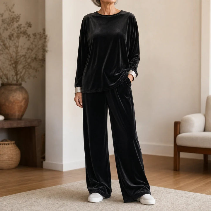 Veloura – Velvet-Look Long-Sleeve Top And Wide-Leg Pants Set