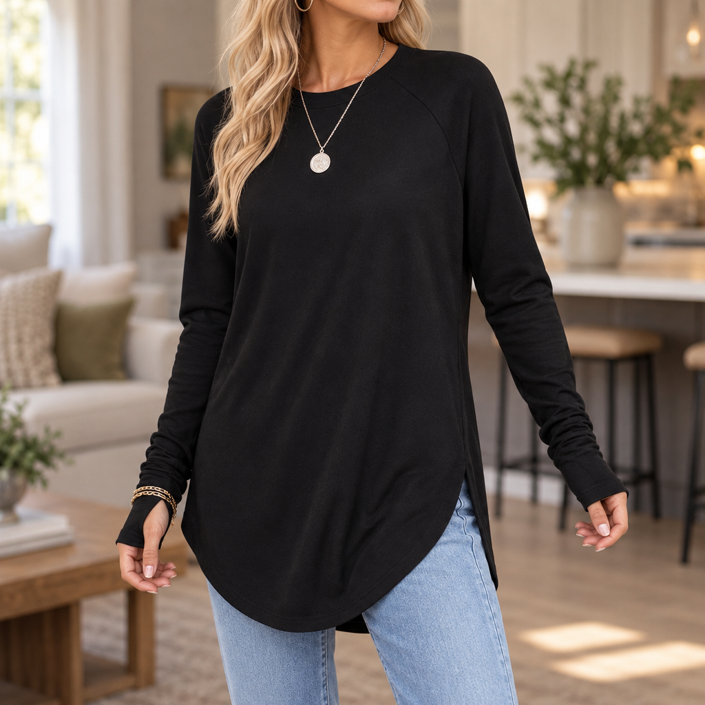 Cozelle – Thumbhole Cuff Side-Split Knit Top