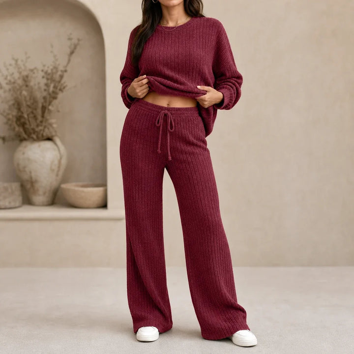 Softhaven – Ribbed Drop-Shoulder Sweater And Wide-Leg Pants Set