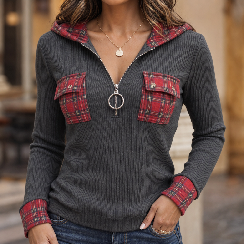 Marelle – Plaid Panel Ribbed Zip-Up Hoodie