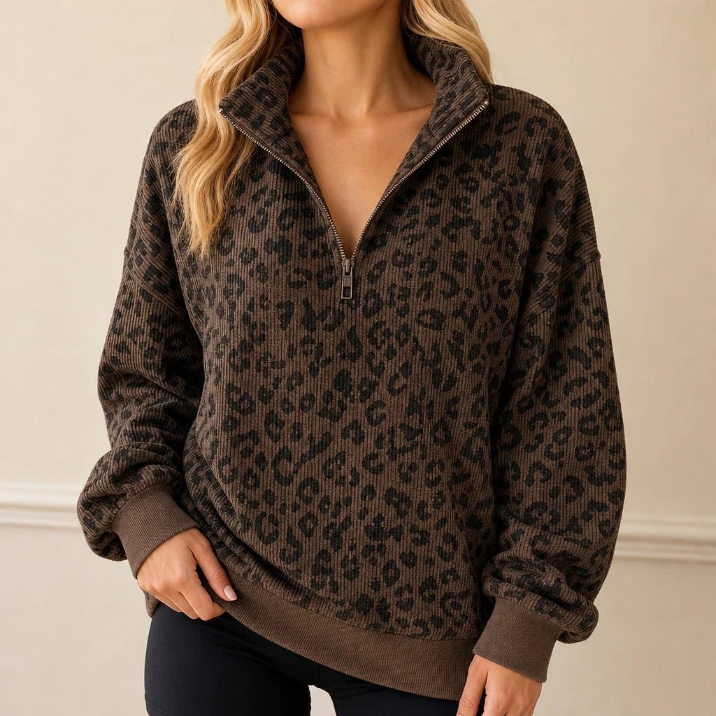 Roamprint – Leopard Print Oversized Quarter-Zip Sweatshirt