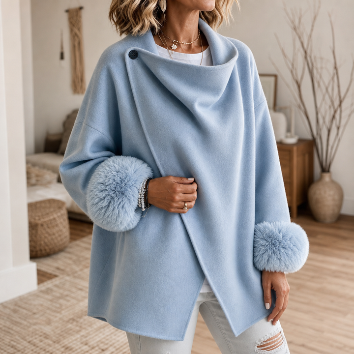 Wearbella – Faux Fur Cuff Asymmetric Wrap Blend Jacket