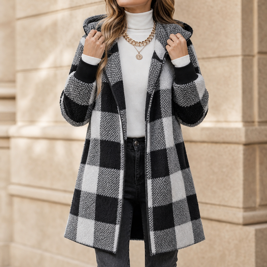Plaidelle – Oversized Plaid Hooded Fleece-Look Cardigan