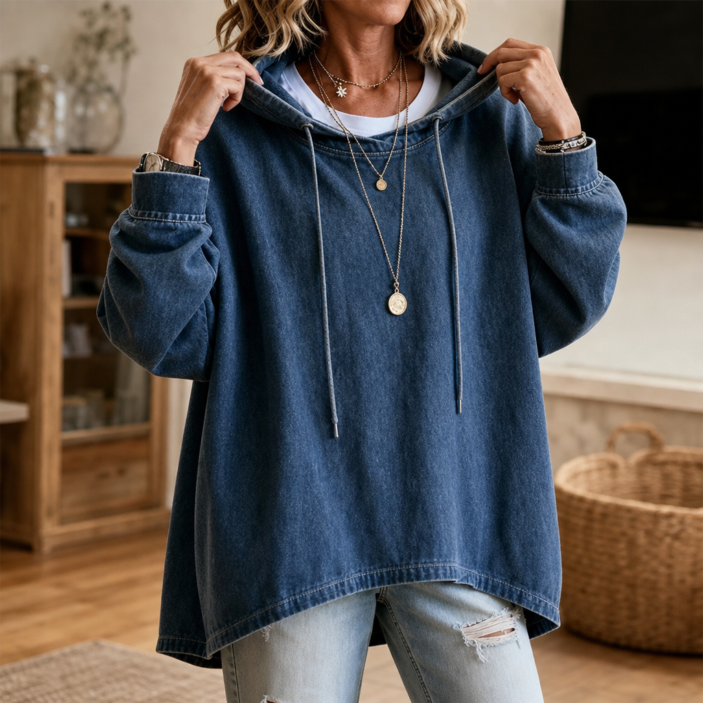 Denim Ease – Washed Oversized Denim-Look Hoodie