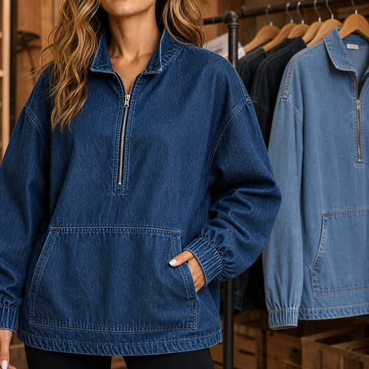 Half-Zip Haven – Washed Denim-Look Half-Zip Pullover