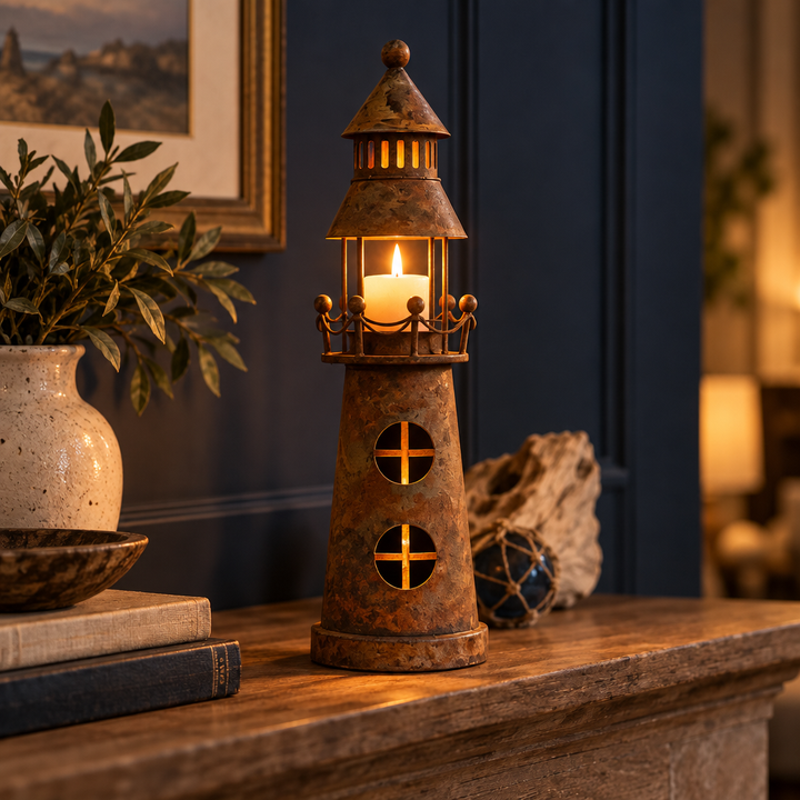 Lumenkeep – Distressed Metal Lighthouse Candle Lantern